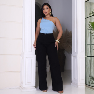 Calça Jeans Feminina Wide Leg Cintura Alta Preta Pantalona Boca Larga Com Elastano Tecido Premium em Oferta na Shopee