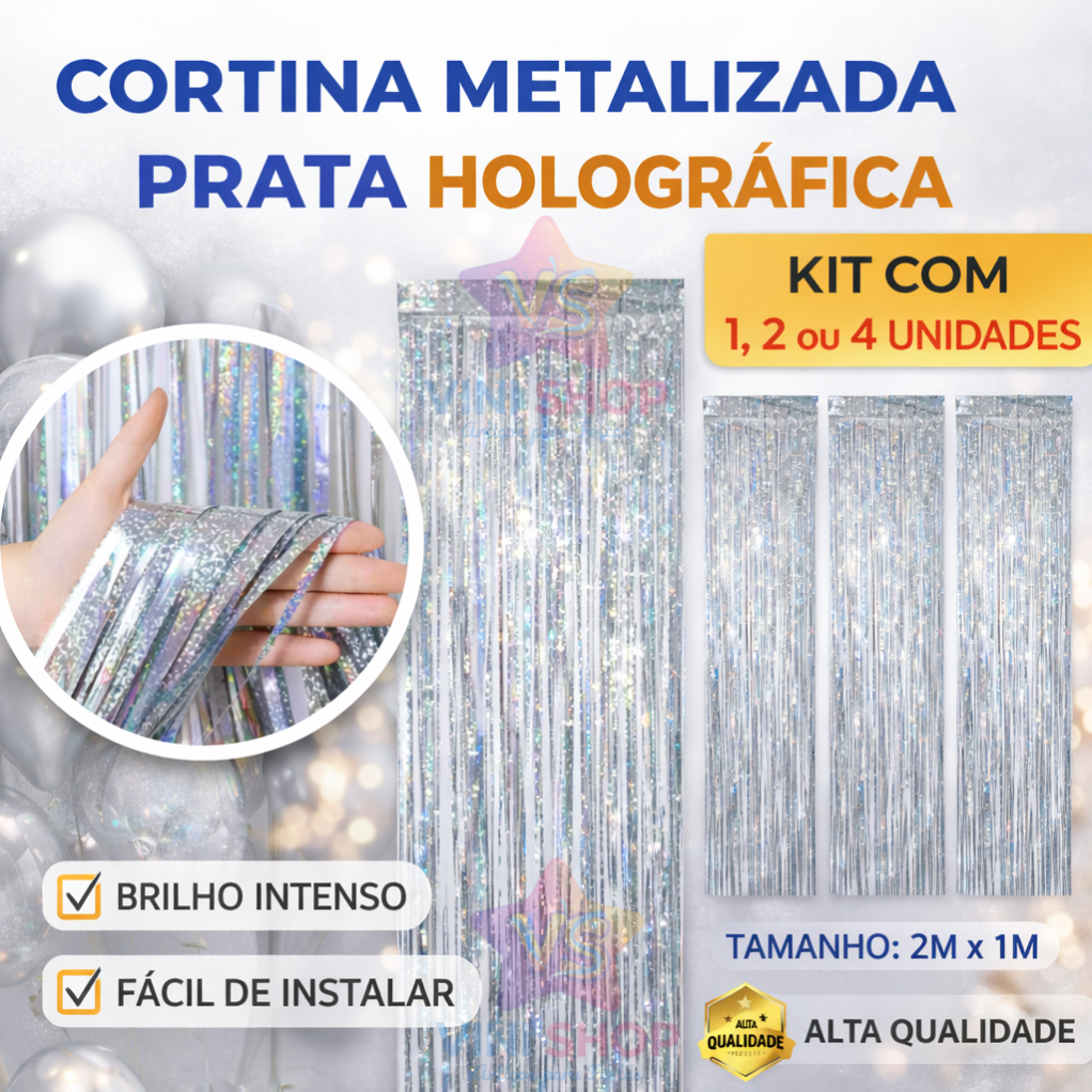 Cortina PRATA Metalizada Holográfica para Festa – 1, 2 ou 4 Unidades Decoração Painel Festa