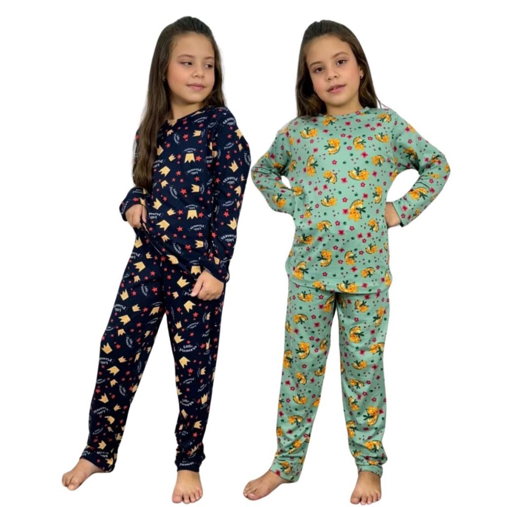 Kit 2 Pijama Estampado Manga Longa Inverno Menina Criança Suede Calça Blusa Conjunto Frio Infantil