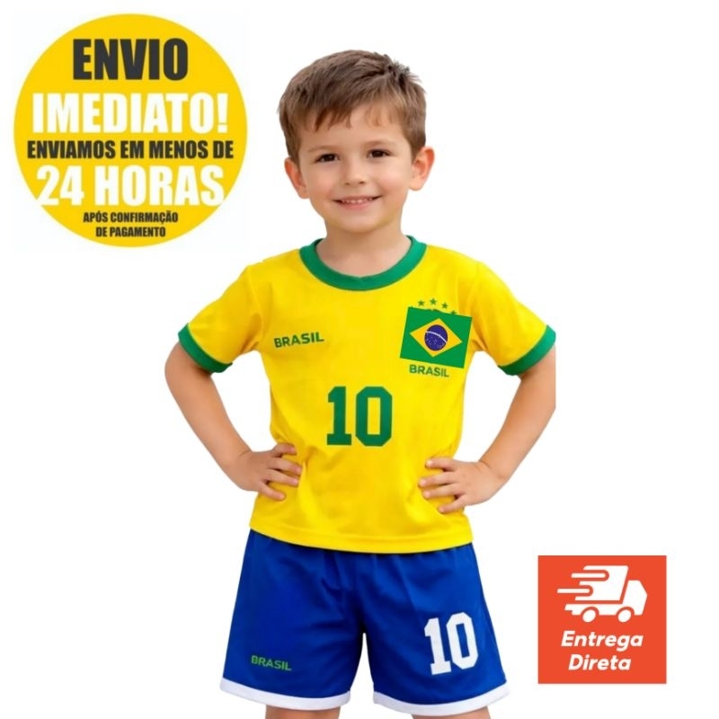Conjunto Brasil Infantil Camiseta Copa Torcedor Amarela e Azul Futebol