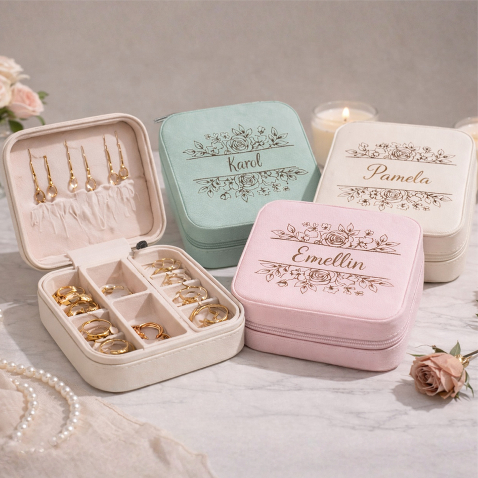 Porta-Jóias Personalizado Gravação a Laser Duplo Mini Portátil de Couro Organizador para Bijuterias