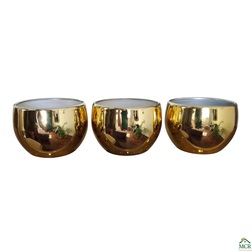 KIT 3 Vasinhos Decorativos de Plástico Dourado Redondo para Flores, Plantas e Suculentas