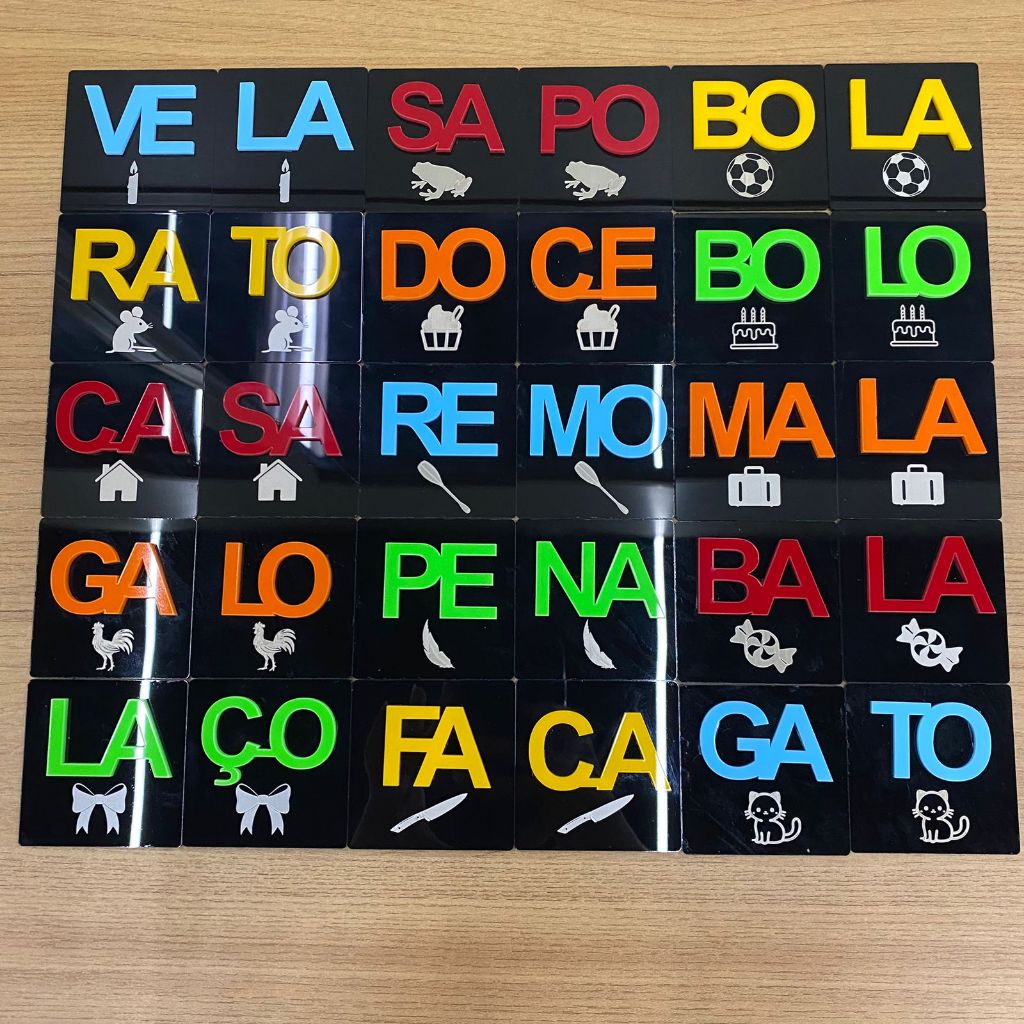 Jogo pedagógico sílabas + memória em acrílico com caixa em Oferta na Shopee