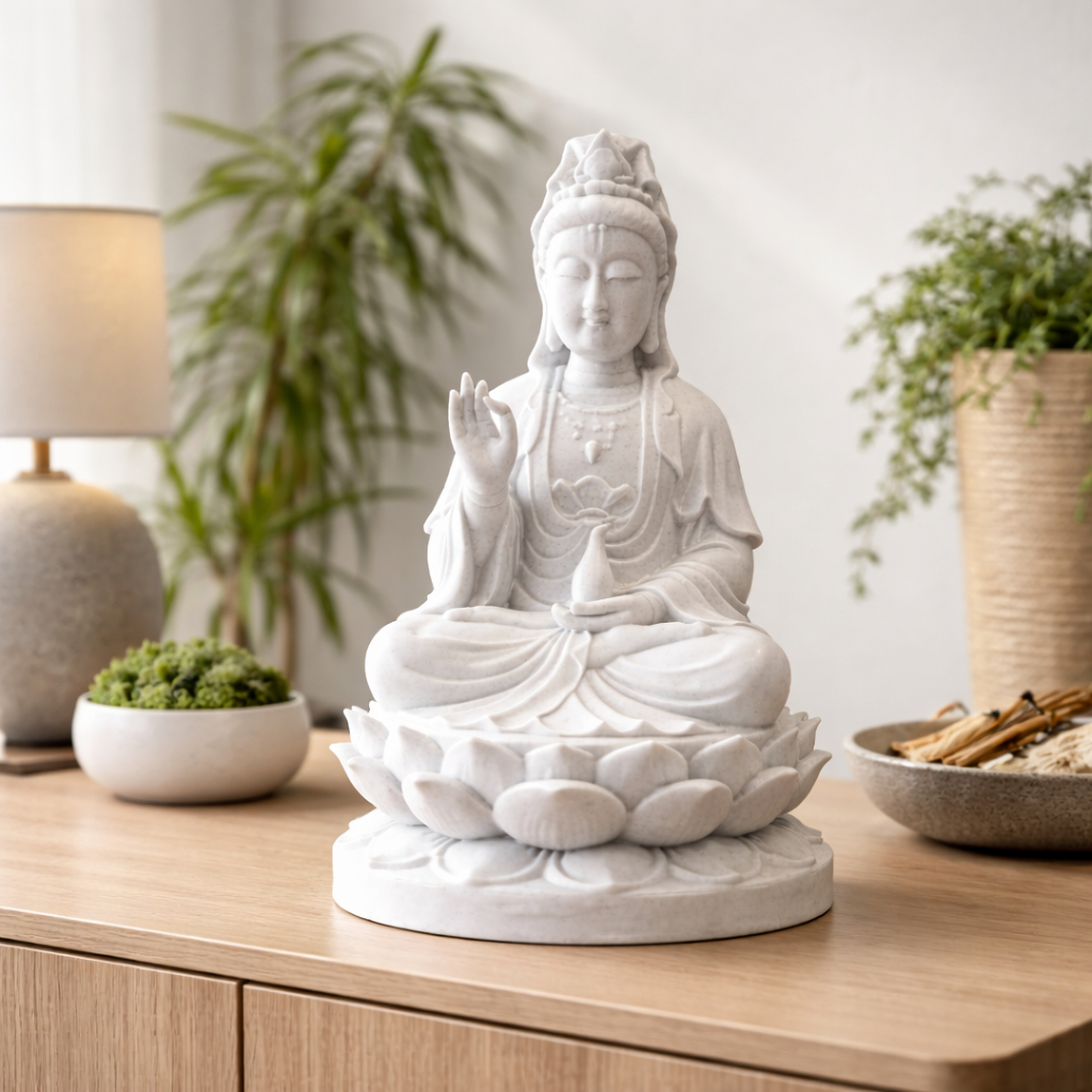 Imagem Estátua Buddha Guanyin Decorativa 25cm 18cm 12cm | PLA Premium Branco Preto Areia Mármore Imagem Zen