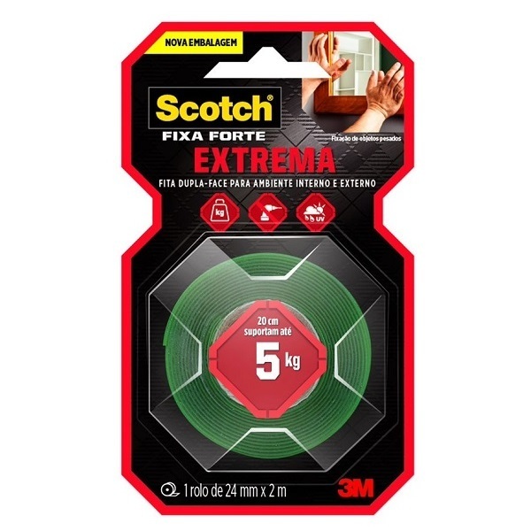 Fita Dupla Face 3M Forte Fixação Extrema 5kg 24mm x 2 metros scotch para ambiente interno e externo