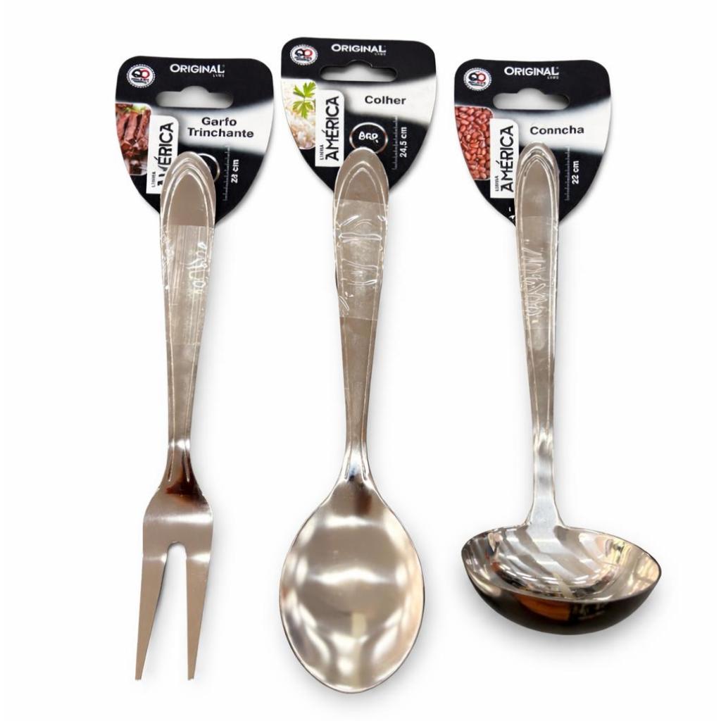 Kit Utensílios De Cozinha Inox Com Colher, Concha E Garfo