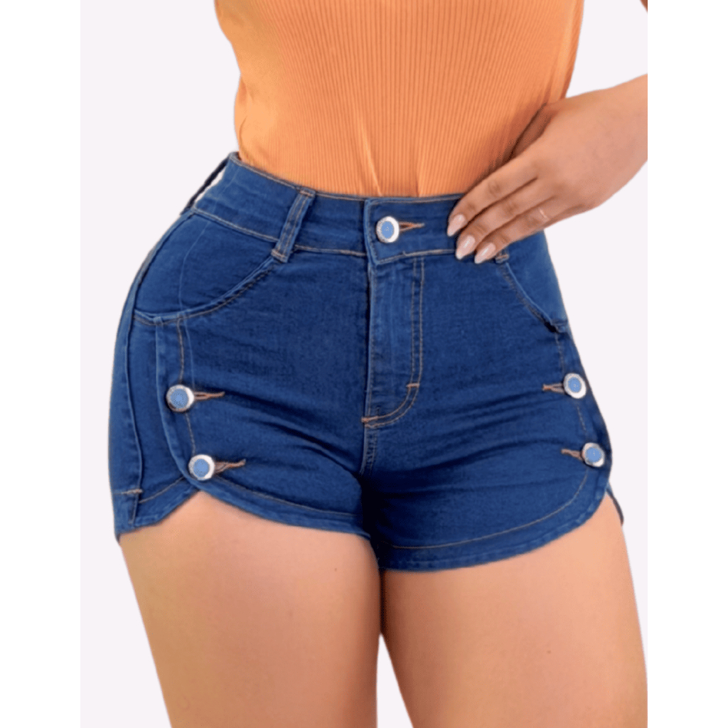 Short Jeans Feminino Cintura Alta Levanta Bumbum 5 Botões Cobertos Hot Pants Jeans com Lycra