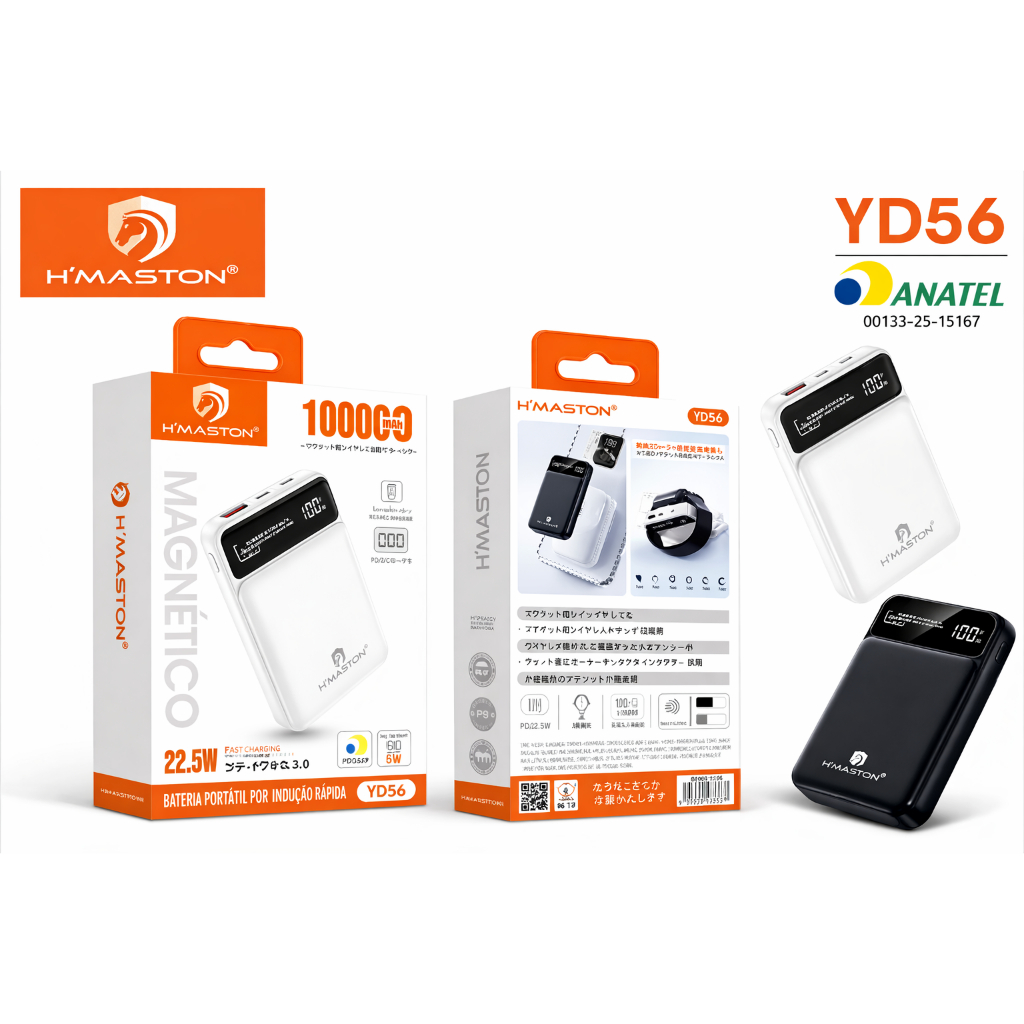 Carregador Portátil Power Bank Turbo Por Indução Magnético 15W USB 22.5W 10000 mAh USB-A + USB-C