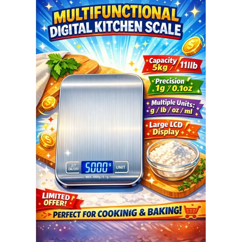 Balança Digital de Cozinha, LED 5kg/1g em Aço Inoxidável, mini balança,Utensílios de Cozinha, fitness, joias, precisão