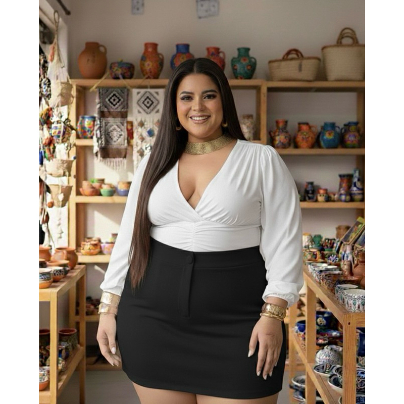 Shorts Saia Plus Size Neoprene botão forrado Moda Verão - Tamanhos G1 G2 G3