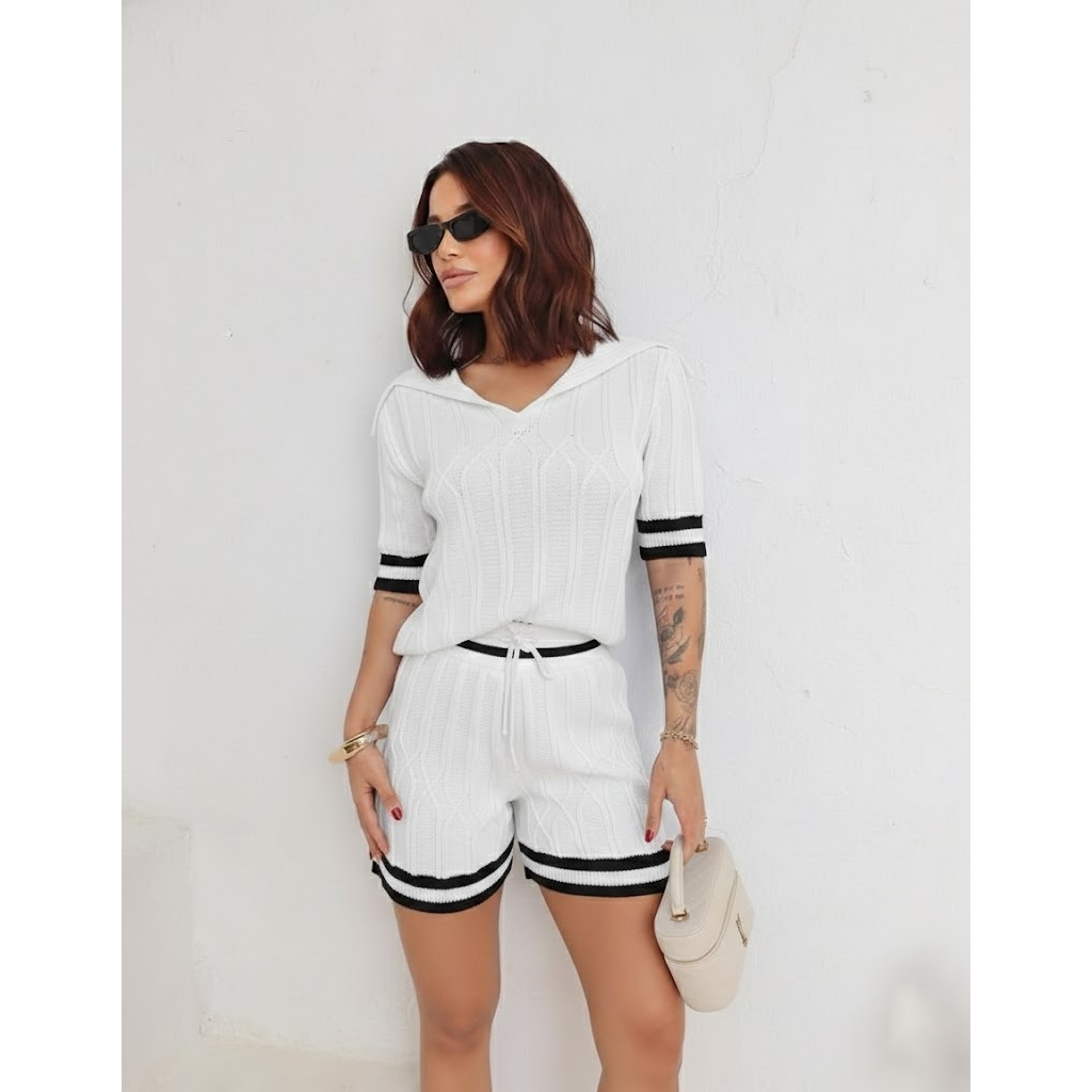 Conjunto Feminino Blusa e Shorts Tricot Esporte Chic Elegante Confortável Blogueira Tendencia Fashion