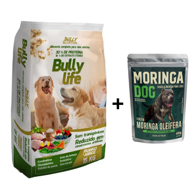 Ração Natural Super Premium Bully Life 15kg Bully Nutrition Cachorro Forte + Ganhe Moringa Dog 60g