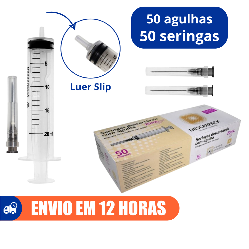 Seringa Bico Encaixe Luer Slip 20ml Com Agulha 25x0,7mm 50un Descarpack