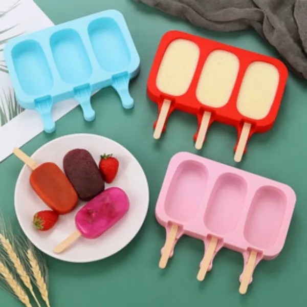 Kit Forma Sorvete Silicone Para Picole 3 Cavidades Geladinho Com 50 Palito e Tampa Festa Kehome em Oferta na Shopee