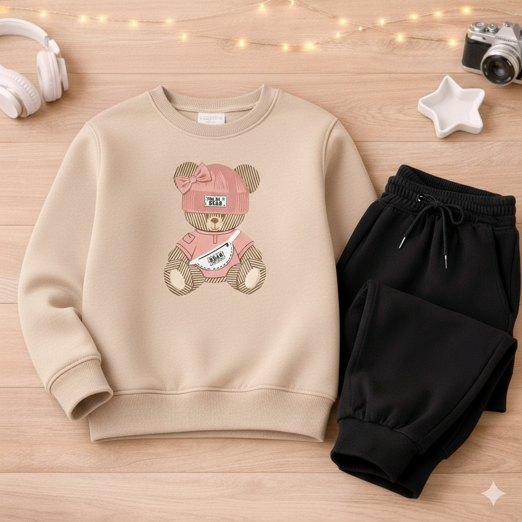 Conjunto infantil e juvenil meninas moletom urso premium de algodão inverno 02 a 16