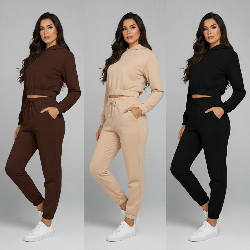 Conjunto Feminino de Moletom Calça Jogger e Cropped Com Capuz em Oferta na Shopee