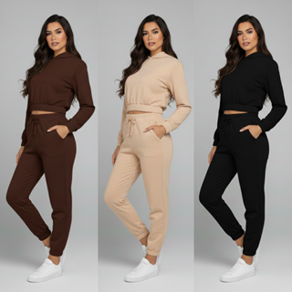 Conjunto Feminino de Moletom Calça Jogger e Cropped Com Capuz em Oferta na Shopee