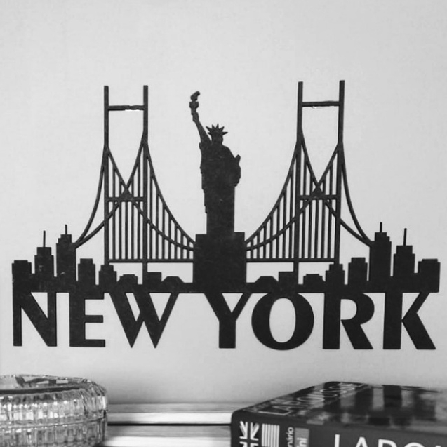 Placa Quadro Decorativo New York Estátua Da Liberdade Cidade Nova York Madeira MDF Fita Dupla Face Adesiva Preto Fosco