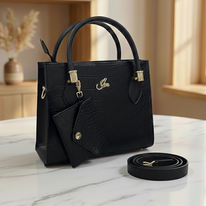 Bolsa Feminina com Alça Transversal Removível Textura Croco e Carteira em Pingente