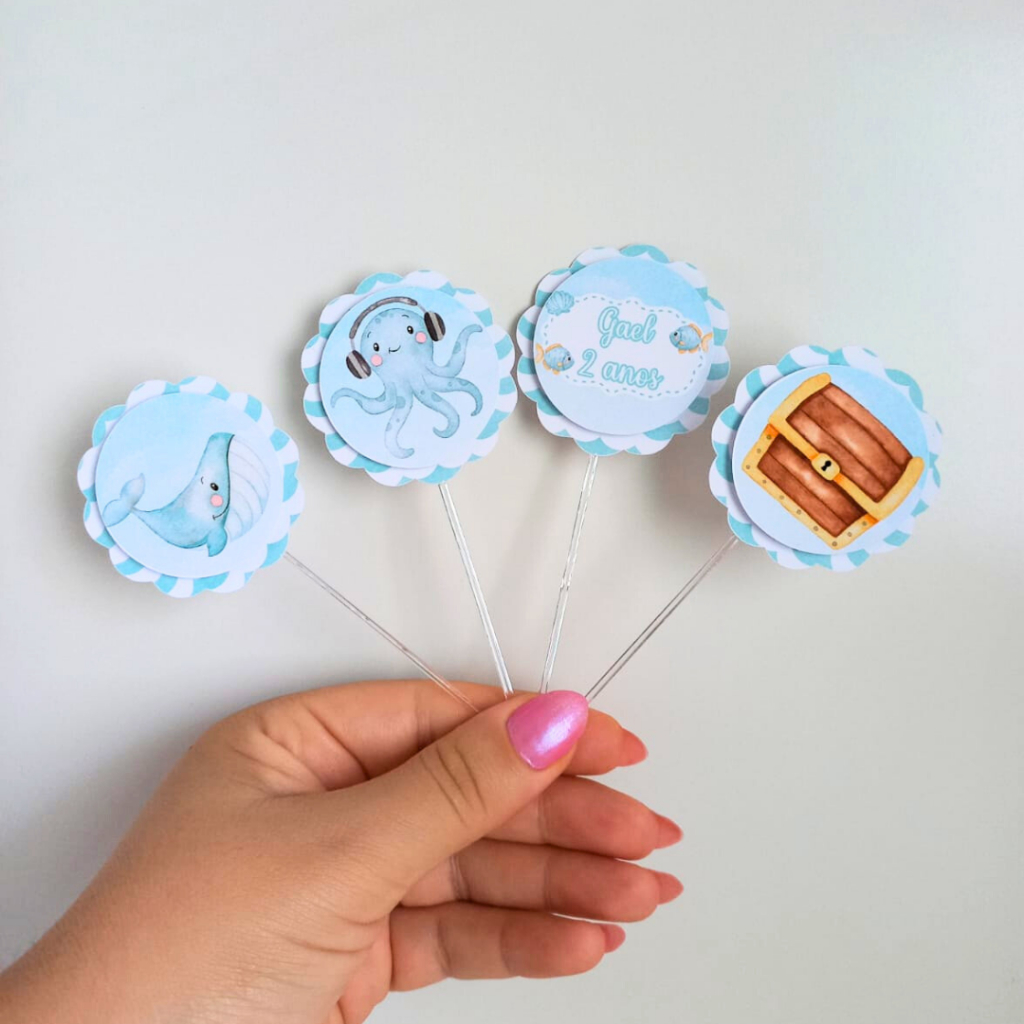 Topper de Doces ou Cupcake Fundo do Mar Menino Azul 3D Personalizados /Lembrancinha de Festa /Aniversário / Infantil