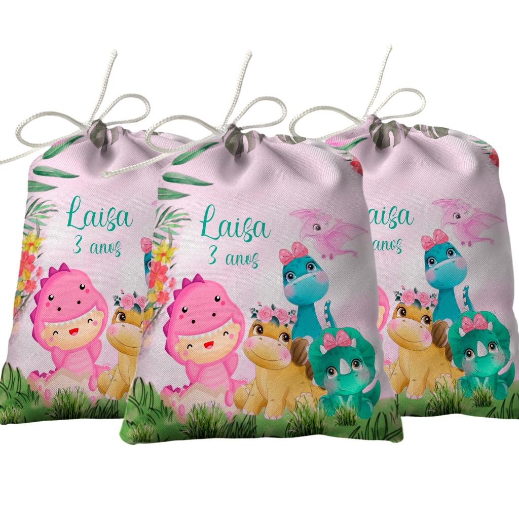 Sacolinha Lembrancinha Festa Aniversário Surpresa Tecido Personalizado Dinossauro Baby M2