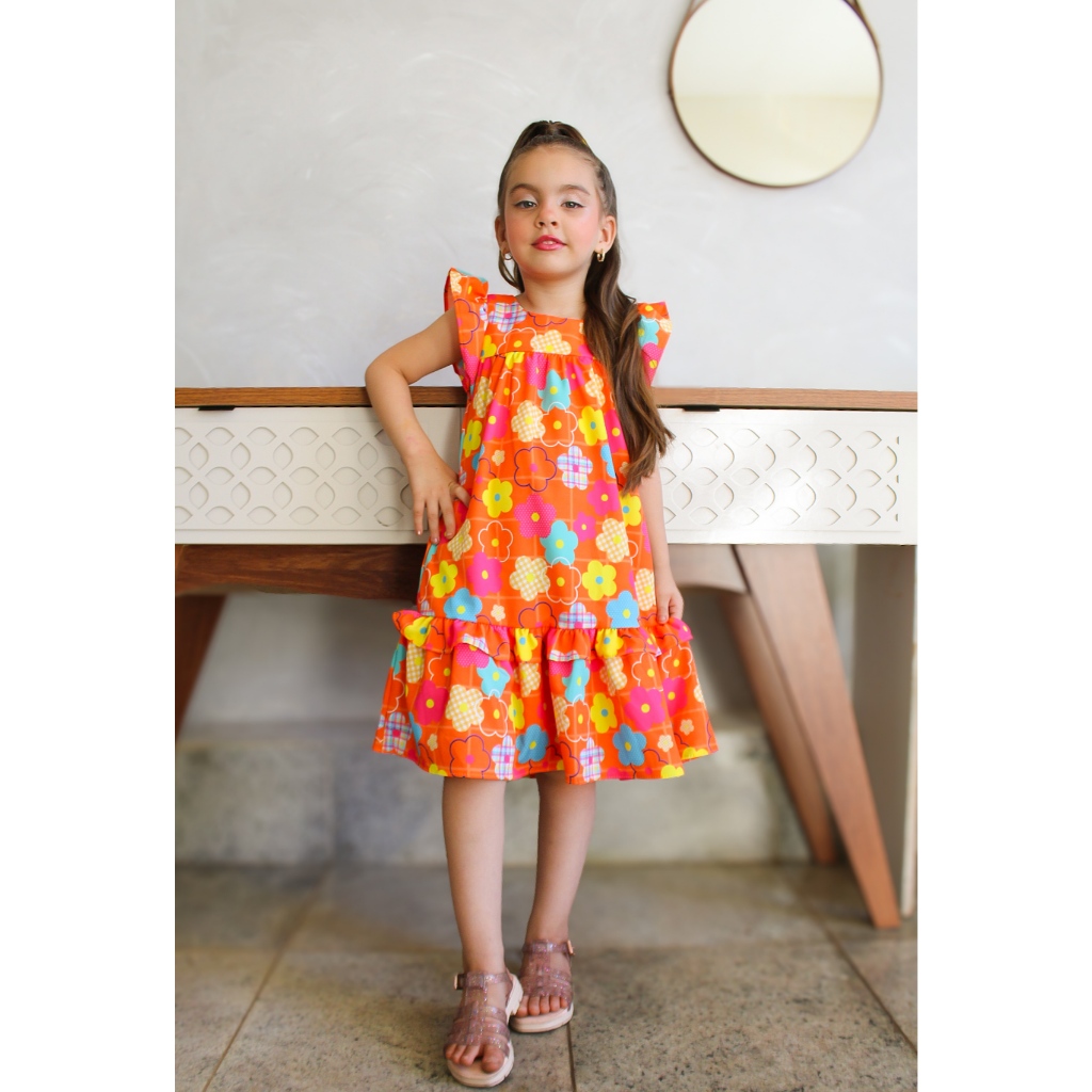 Vestido Lara Laranja Flor 01 ao 14 anos Modinha Menina Blogueira Solto Rodado