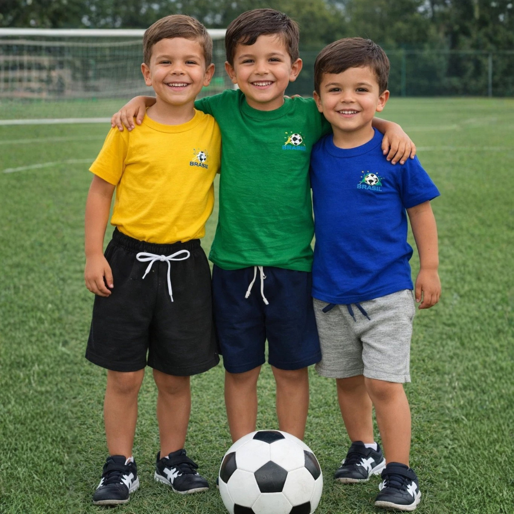 Kit Conjunto Infantil Copa | Camiseta + Bermuda 100% Algodão 2 ao 12 Anos Sortido | Estampa Brasil Verde Azul Amarelo
