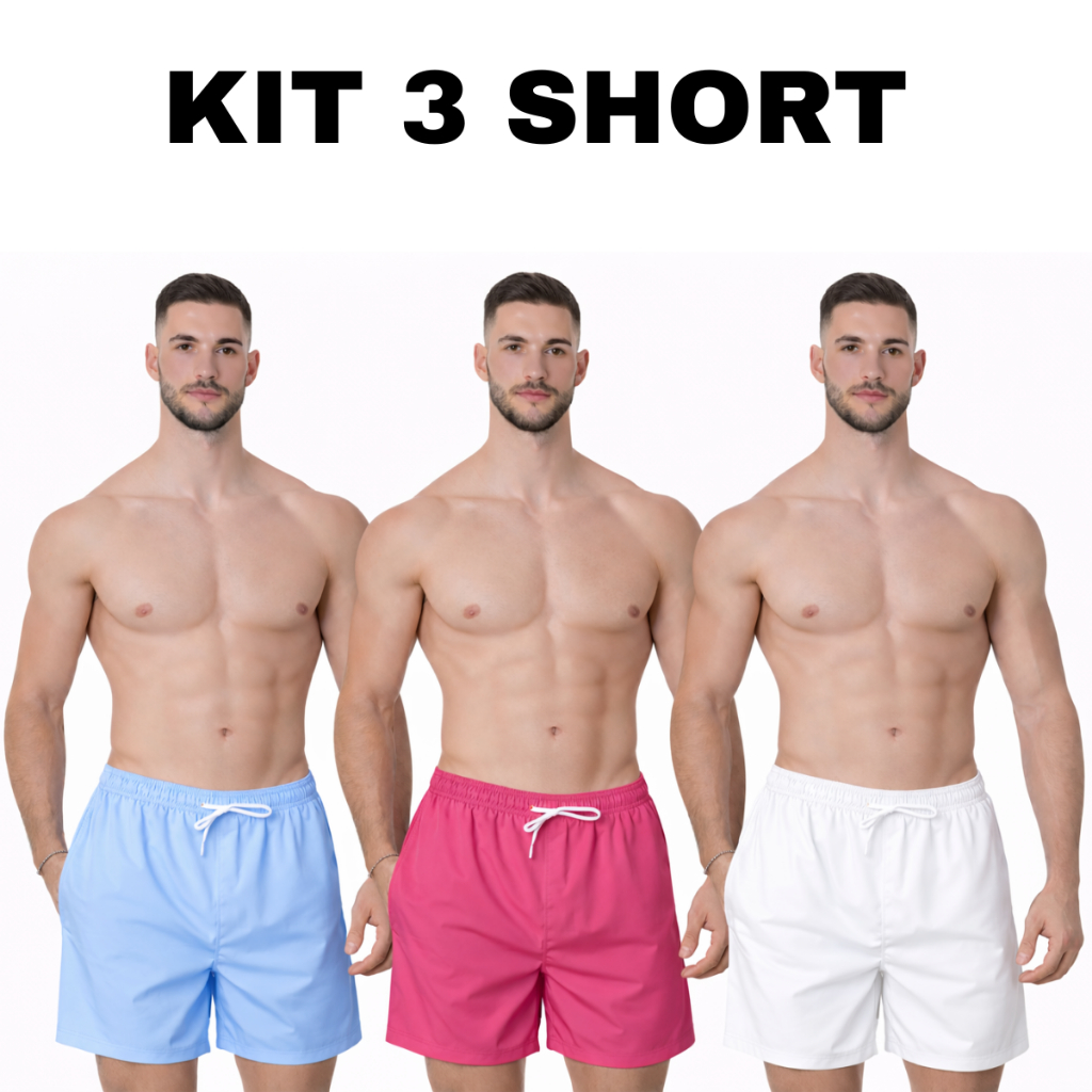 Shorts Tactel Kit 3 Casual Liso Confortavel Bom Em Esporte Como Academia Futebol E Com Elastano