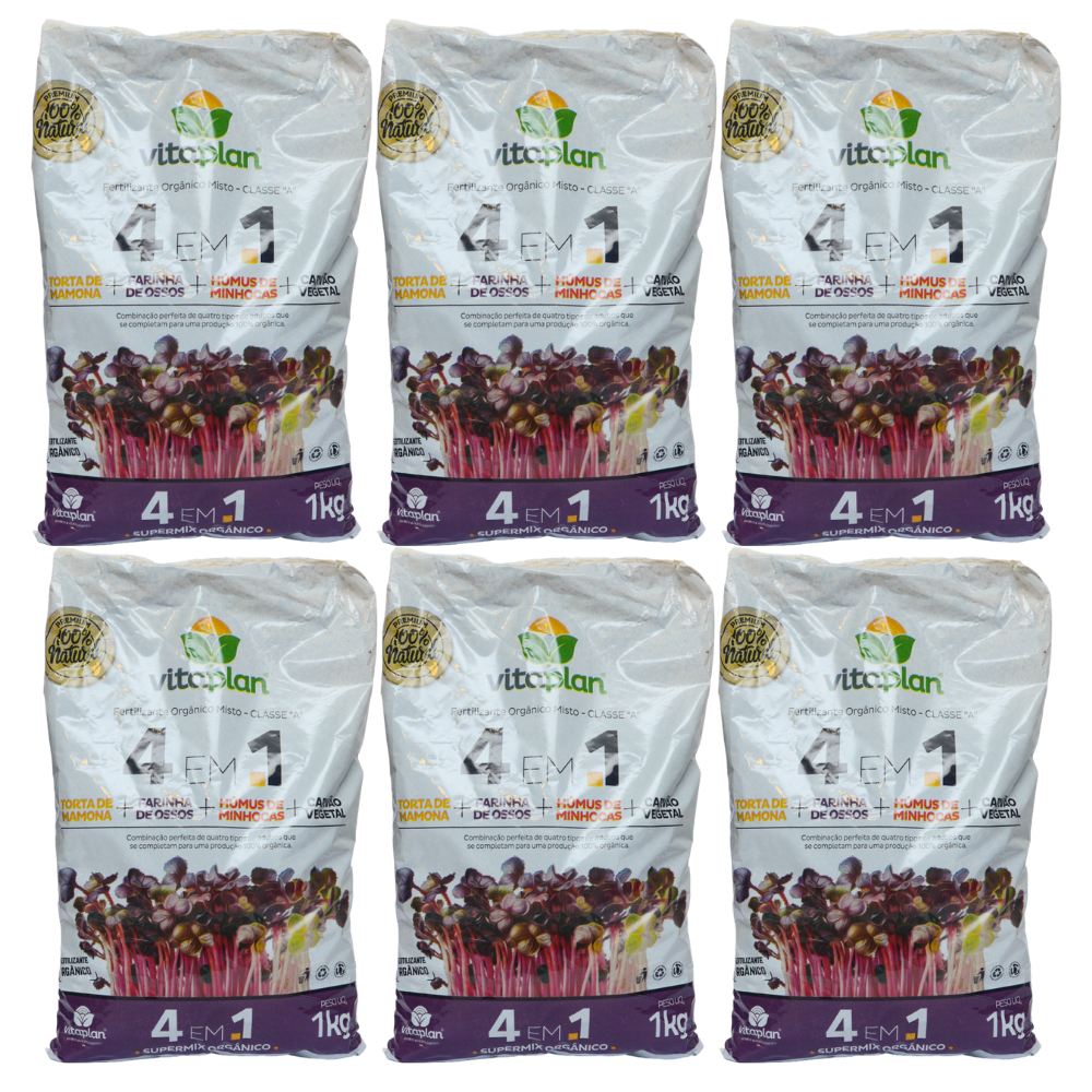 Kit 6 Fertilizante 4 em 1 Torta de Mamona + Farinha de Ossos + Humus de Minhocas + Carvão Vegetal Vitaplan