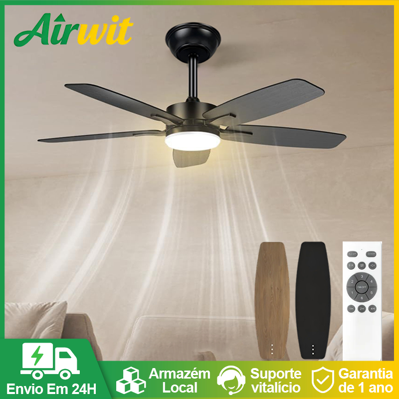 Ventilador De Teto 42" 5 Pás Madeira Inverter Silencioso 6 Velocidades LED 3 Cores Controle Remoto Moderno Residencial