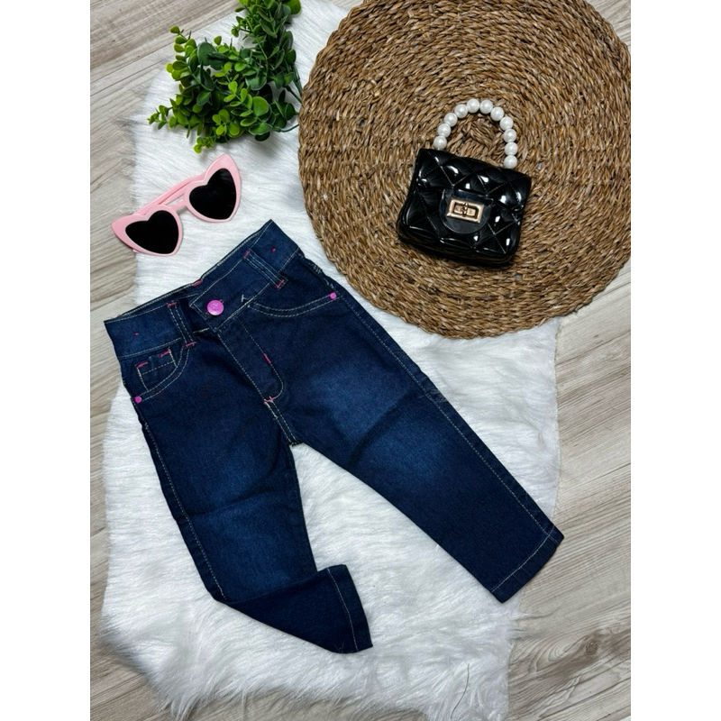 Calça Jeans com Lycra  Molinho Meninas Bebes com Botão Rosa 01 ao 08
