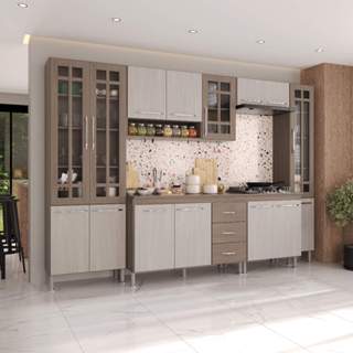 Armário de Cozinha Modulada Completa Fidelitá Paris 6 Peças 330cm 15 Portas 3 Gavetas Com Tampo Nogal/Salinas em Oferta na Shopee