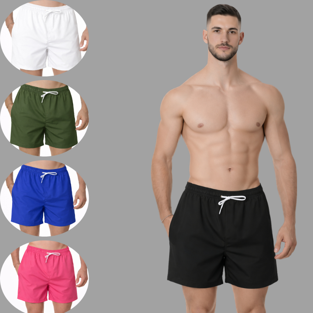 Shorts Tactel Liso Com Elastano E Cadarço Basico Confortavel Excelente Em Esporte E Piscina