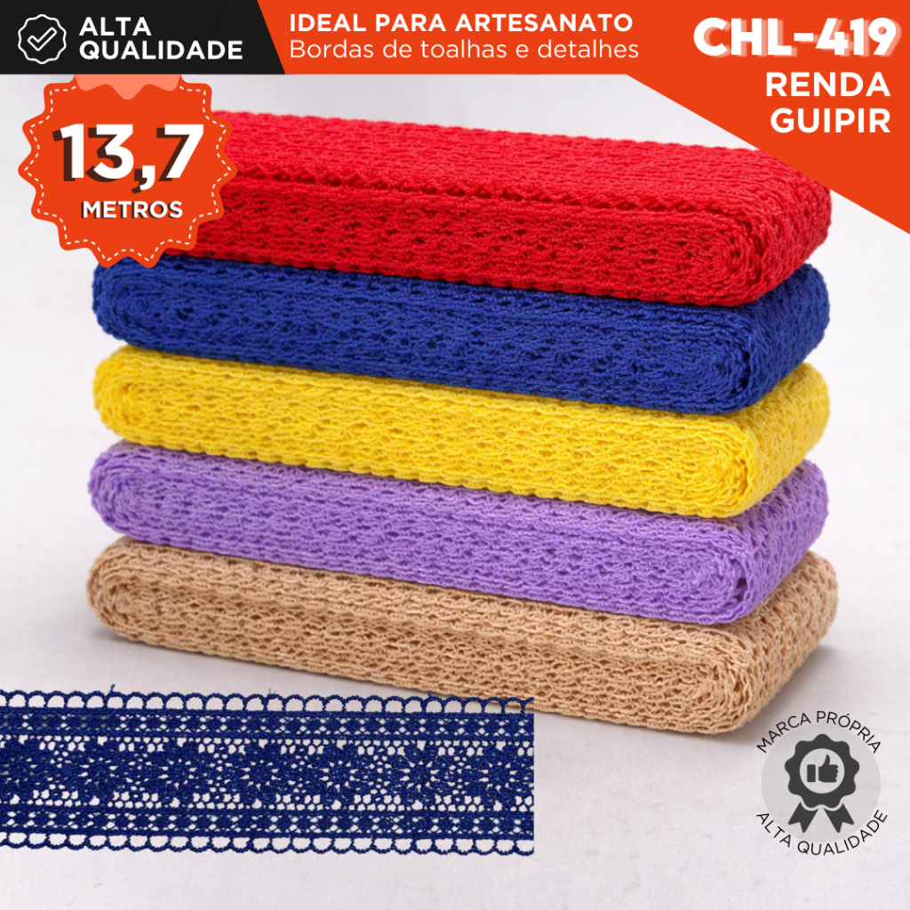 Renda Guipir 55mm Rolo com 13,7 Metros Acabamento Decorativo para Costura e Artesanato | CHL-419 NL|