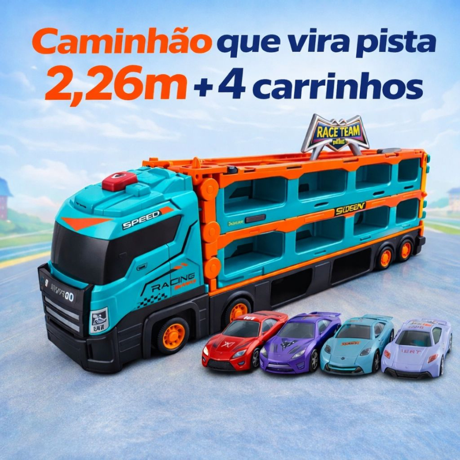 Caminhão Cegonha Pista de Corrida 2,26M + 4 Carrinhos Criança Presente