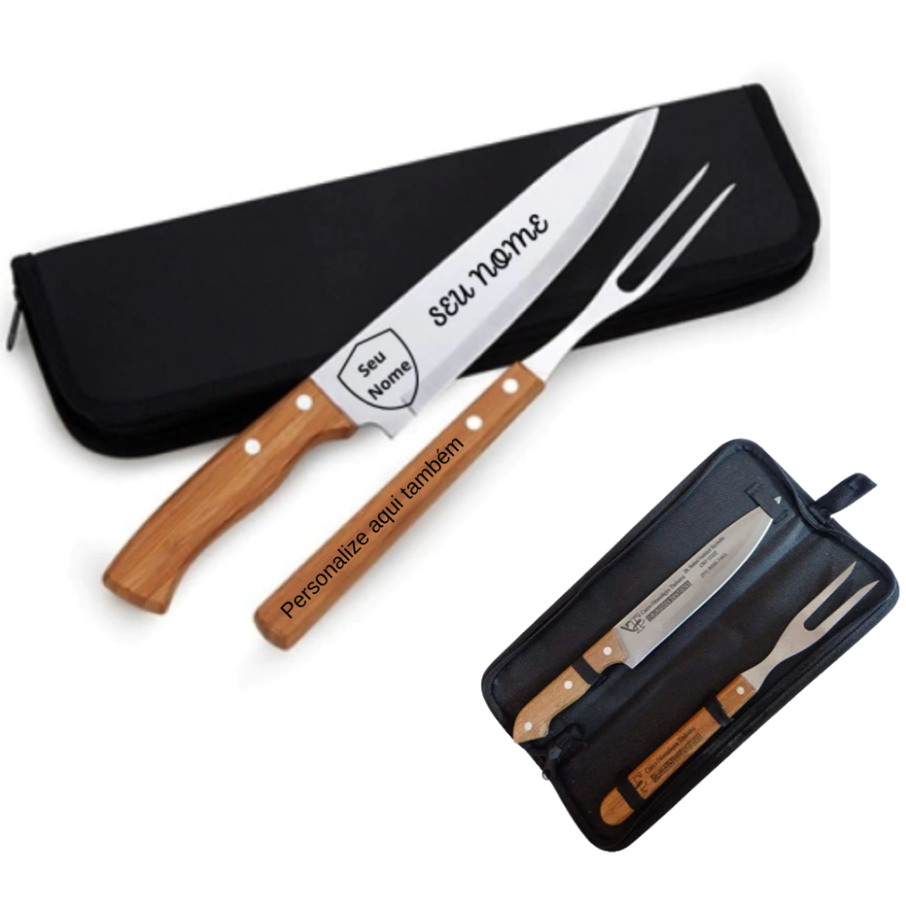Imagem Kit Churrasco Personalizado 2 Peças Faca e Garfo com Estojo | Gravação a Laser Profissional