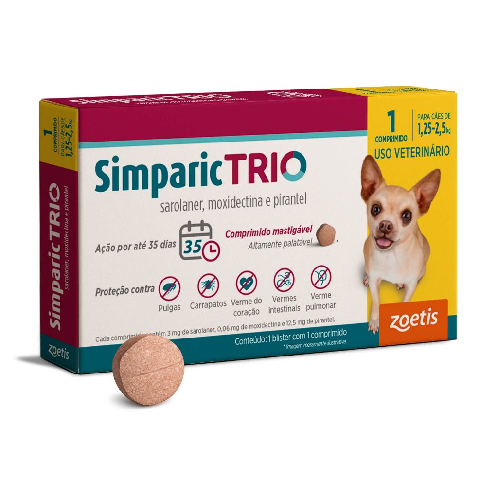 Simparic Trio Antipulgas, Carrapatos e Vermífugo para Cães de 1,25 a 2,5kg 1 Comprimido 3mg Zoetis