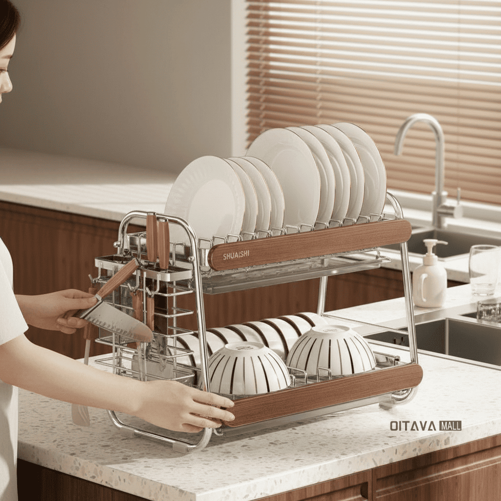 Organizador Escorredor De Louças De Luxo 2 Níveis Inox E Detalhes Em Madeira em Oferta na Shopee
