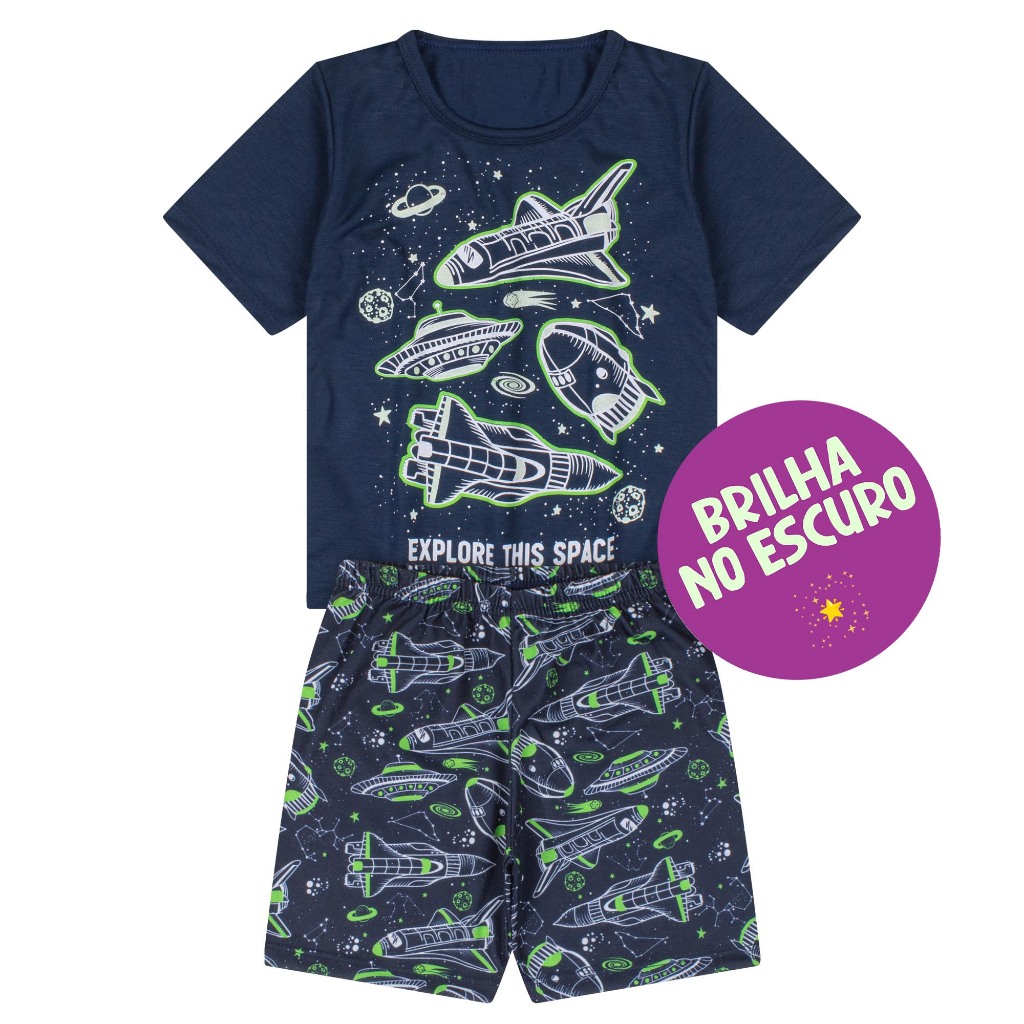 Pijama Infantil Menino Space Brilha no Escuro Azul Marinho Conjunto Verão Manga Curta Tam 3 ao 14