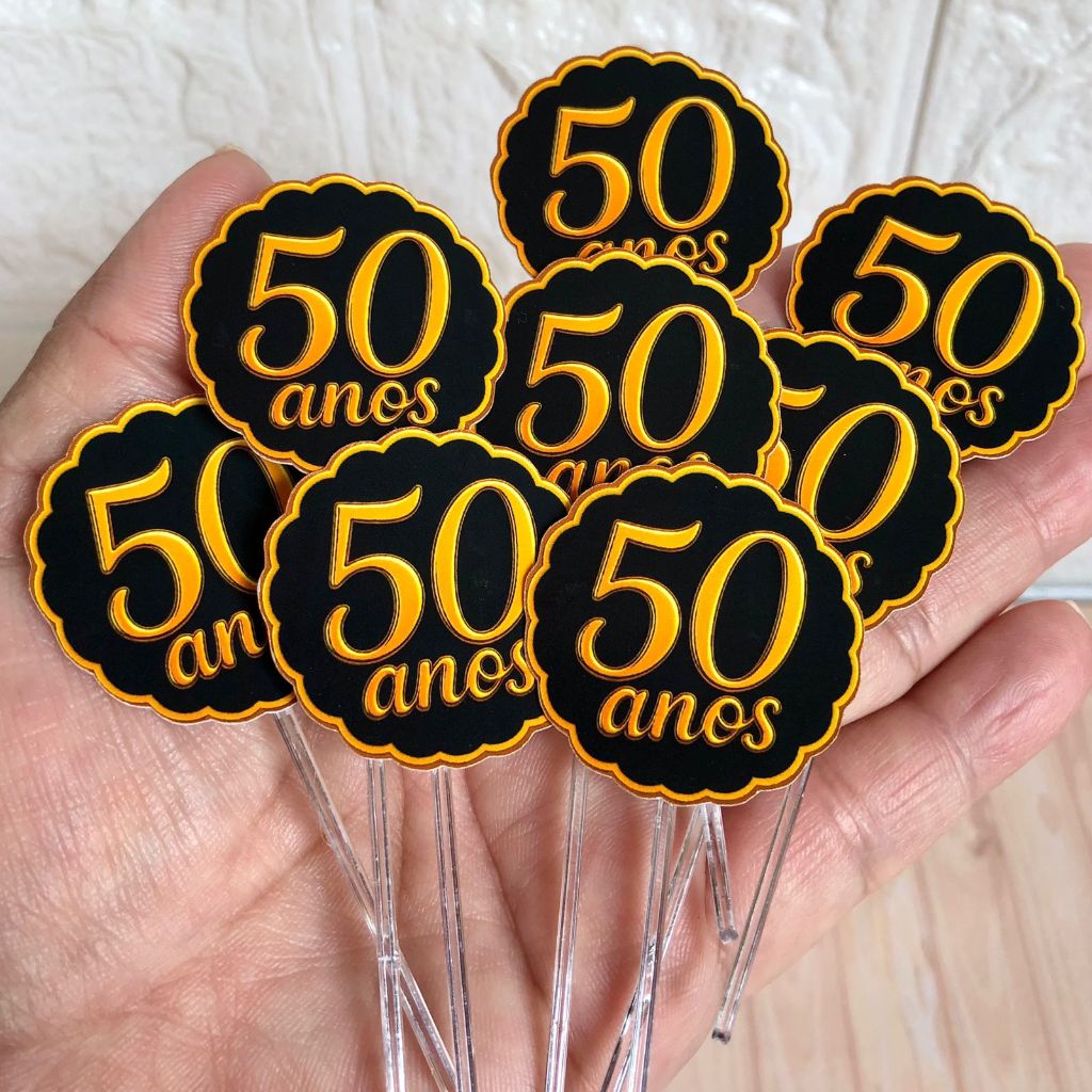 Kit 60, 120 unid. Toppers para Doces 50 anos Preto e Dourado  Festa Aniversário, Bodas de Ouro