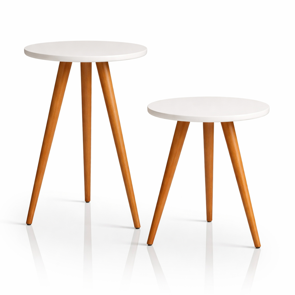 Kit 2 Mesas de Apoio MDF 70cm e 60cm Lateral Mesa de Canto Retro Branco Elegante Sala de Estar Apartamento Quarto