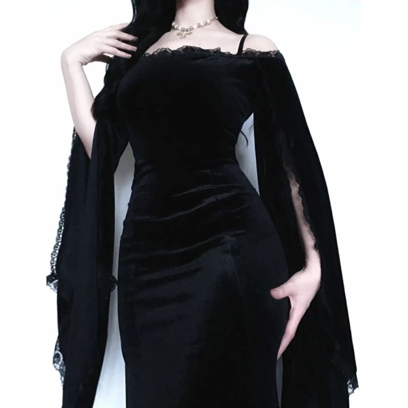 Vestido Preto Morticia Snow Gotico Goth Rock E girl Moda Alternativa Veludo