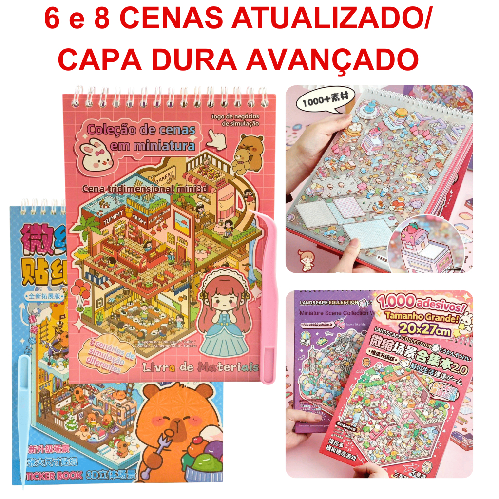 Caderno De Adesivos Cenas Interativo Livro 3d 6 ou 8 Cenários + Pinça Mini Mundo Capa Dura E Fina Caderno De Adesivos Cenas Interativo Livro 3d 6 ou 8 Cenários + Pinça Mini Mundo Capa Dura E Fina