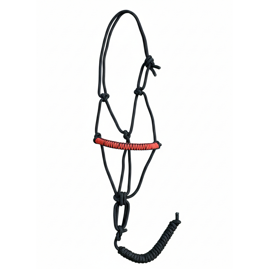 Cabresto 7 nós para Cavalo Égua Mula corda 8mm com detalhe na focinheira Preto/Vermelho Promoção
