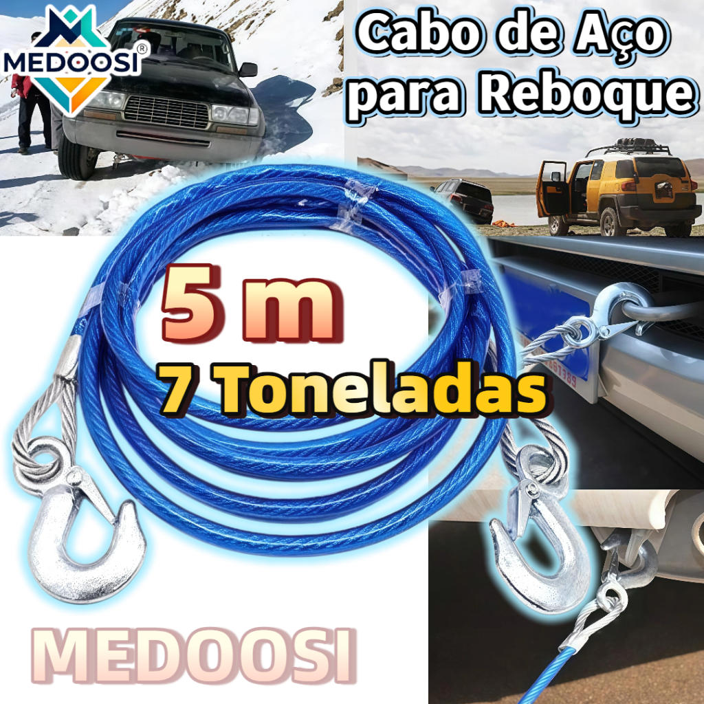 MEDOOSI Cabo de Aço para Reboque 5m 10mm-7 Toneladas com Ganchos Reforçados Emergência para Carro,Caminhonete e Caminhão em Oferta na Shopee
