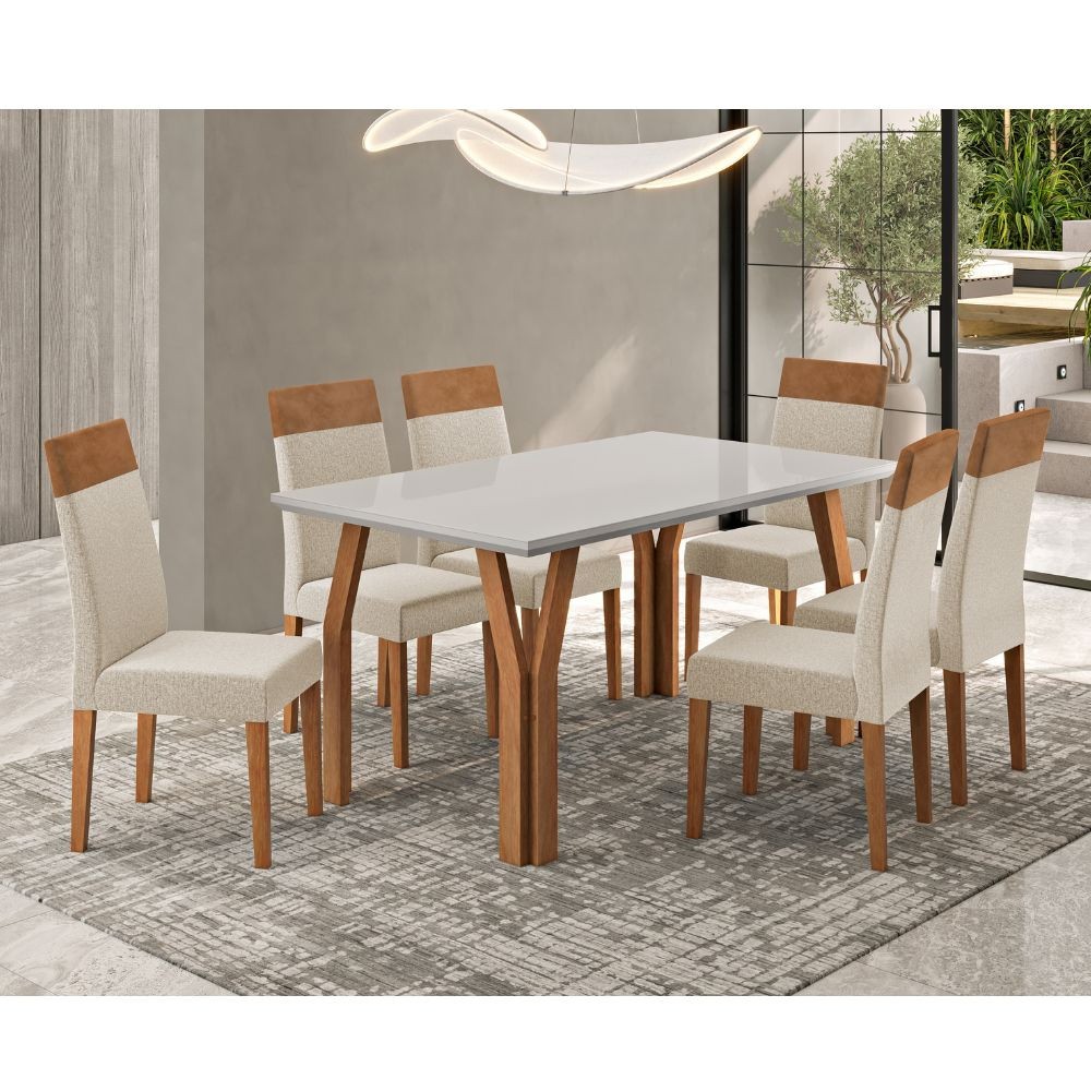Conjunto Sala de Jantar Mesa 154cm com Tampo de Vidro Atlas com 6 Cadeiras Paris Madetal