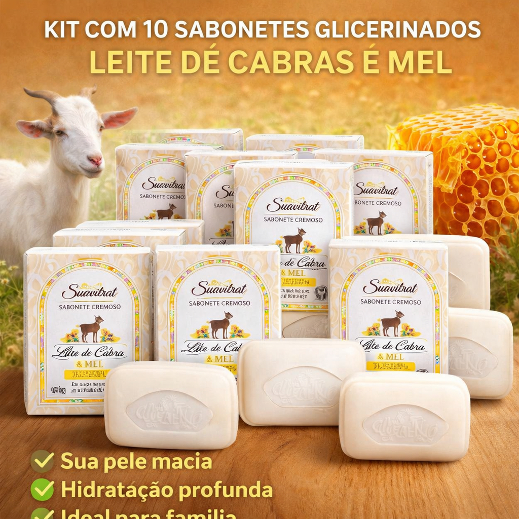 Kit 10 Sabonetes Leite de Cabra e Mel 100g Suavitrat Hidratação Nutrição Pele Macia Natural em Barra