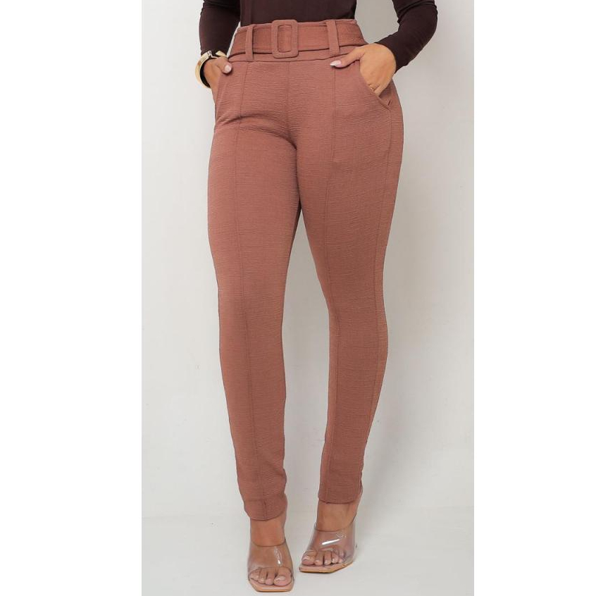 CALÇA FEMININA LEGGINGS JACQUARD LINHO COM CINTO EMBUTIDO