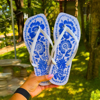 Chinelo Feminino Casual Florais Azulejo Promoção Quadrado Moda Verão