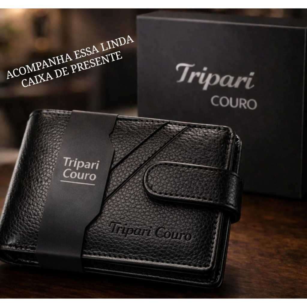 Carteira masculina Couro Legítimo Tripari Couro Completa com caixa Porta Moedas Couro Premium Ref202 em Oferta na Shopee